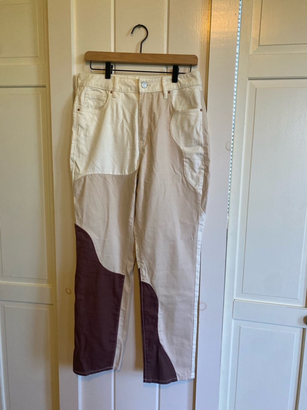 Pacsun High-Waist Two-Tone Patchwork Jeans - Cream & Dark Brown